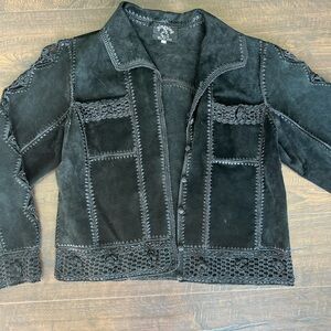 Yingying of Nevada Black leather Jacket with Intricate Crochet Accents